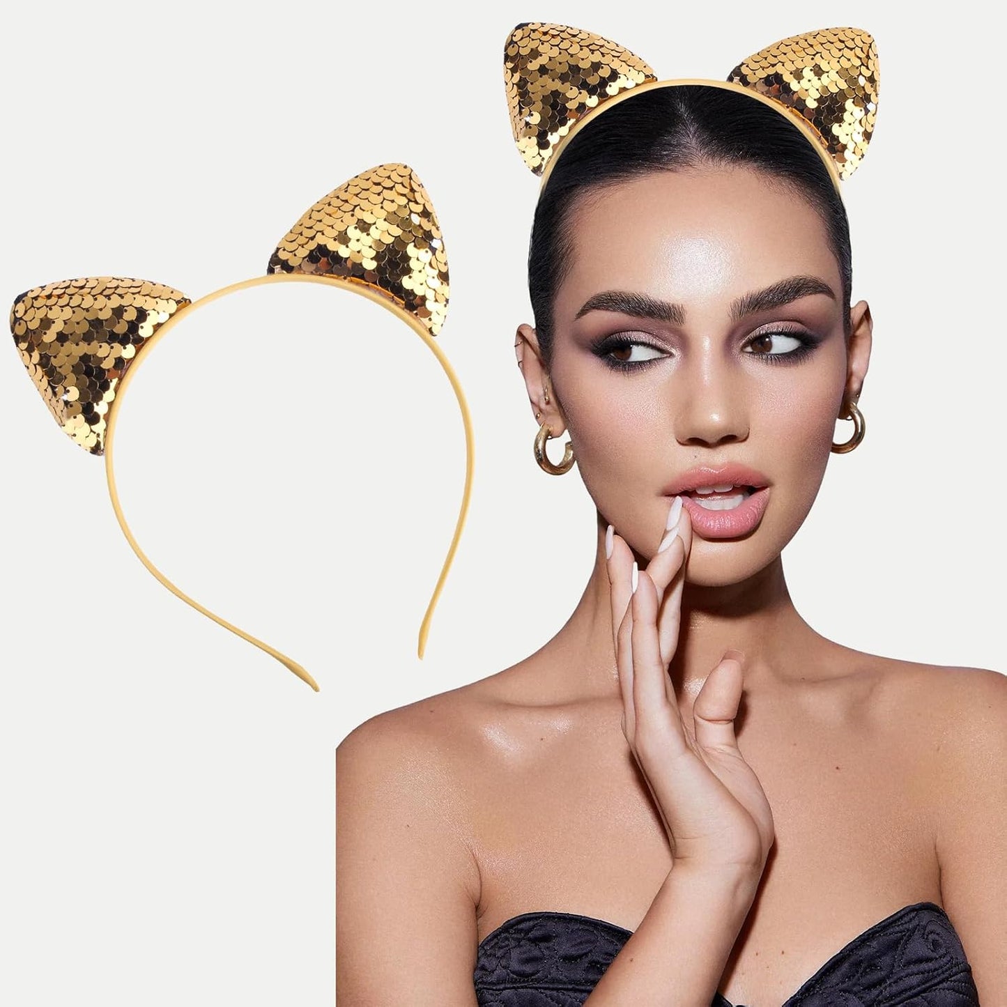 EUDUQ Cat Ears Headband Set,10 Piece Glitter Cat Hair Hoops Metal Cat Ears Headband Sequins Cat Ears Headbands Girl Hair Jewelry For Birthday Party Cosplay