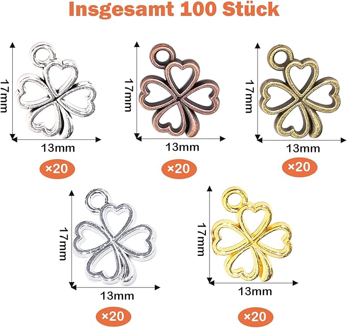 EUDUQ 100 Piece Lucky Charm Four Leaf Clover,Small Four Leaf Clover Pendant,Mini Clover Charms,Metal Pendant for Necklace Earrings Bracelet Accessories Decoration