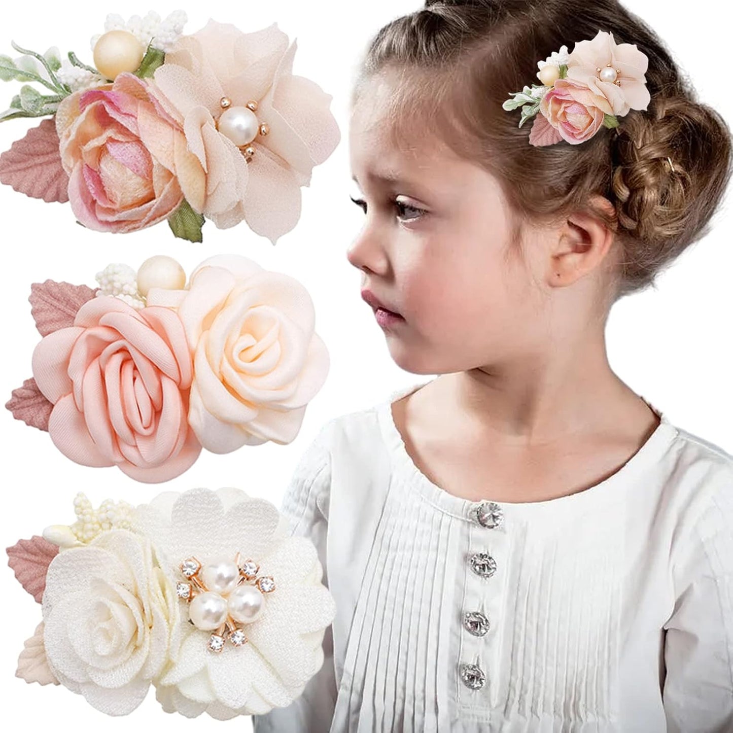 EUDUQ 3 Piece Flower Hair Clips,Baby Hair Clips Small Hair Clips Girl Beaded Hair Clips Kids Boho Hair Jewelry Flower Claw Clip for Birthday Children's Day Gift