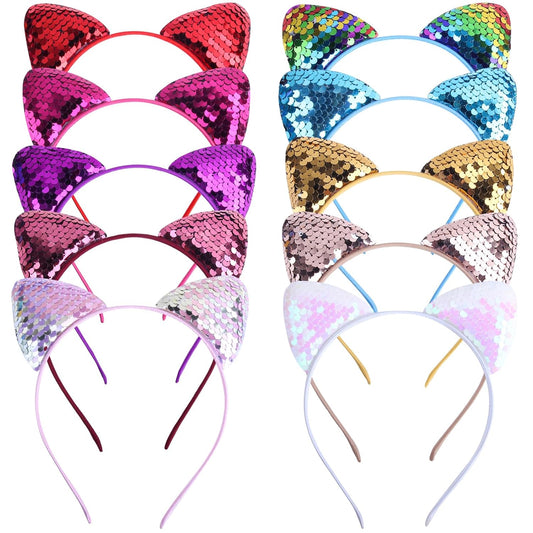 EUDUQ Cat Ears Headband Set,10 Piece Glitter Cat Hair Hoops Metal Cat Ears Headband Sequins Cat Ears Headbands Girl Hair Jewelry For Birthday Party Cosplay