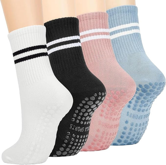 EUDUQ Stopper Socks Yoga Socks Women 35-40.4 Pair of Anti-Slip Socks,Pilates Grip Barefoot Socks,Autumn and Winter Sports Socks with Knots,Barre Socks,Trampoline Socks Black/White/Light Blue/Pink