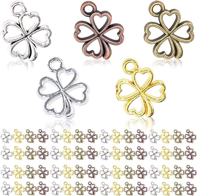 EUDUQ 100 Piece Lucky Charm Four Leaf Clover,Small Four Leaf Clover Pendant,Mini Clover Charms,Metal Pendant for Necklace Earrings Bracelet Accessories Decoration