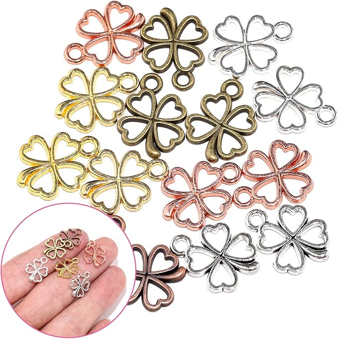 EUDUQ 100 Piece Lucky Charm Four Leaf Clover,Small Four Leaf Clover Pendant,Mini Clover Charms,Metal Pendant for Necklace Earrings Bracelet Accessories Decoration